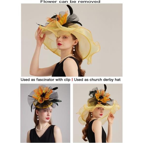 Women's Kentucky Derby Church Dress Hat 03-yellow,black - Picture 2 of 7